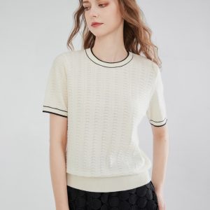 Factory Customized Women's Hollow Knitted Top Pullover Top Short Sleeve Round Neck Two-color Ribbed Cuffs Knitwear