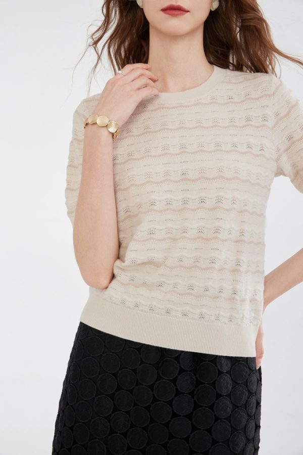 2025 Customized Women's Lightweight Breathable O-Neck Short-Sleeved Knitted Top T-Shirt Hollow Blended Pullover Sweater - 图片 2