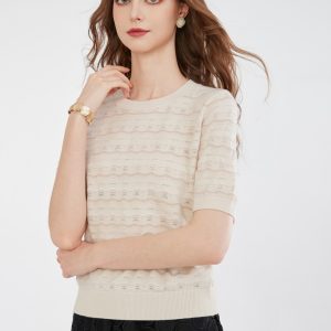 2025 Customized Women's Lightweight Breathable O-Neck Short-Sleeved Knitted Top T-Shirt Hollow Blended Pullover Sweater