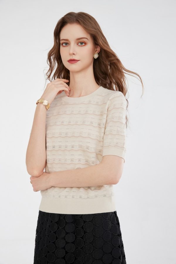 2025 Customized Women's Lightweight Breathable O-Neck Short-Sleeved Knitted Top T-Shirt Hollow Blended Pullover Sweater