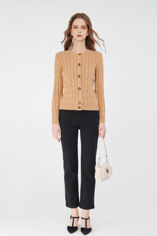 Women's Crewneck Cardigan Sweater Fall Winter Casual Vintage Cable Long Sleeve Knit Cardigan - 图片 3