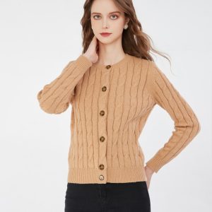 Women's Crewneck Cardigan Sweater Fall Winter Casual Vintage Cable Long Sleeve Knit Cardigan