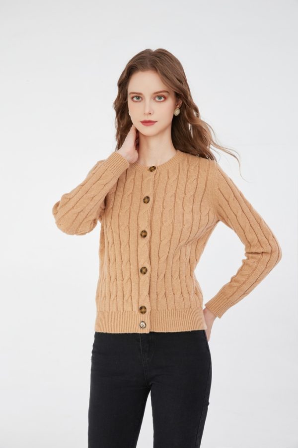 Women's Crewneck Cardigan Sweater Fall Winter Casual Vintage Cable Long Sleeve Knit Cardigan