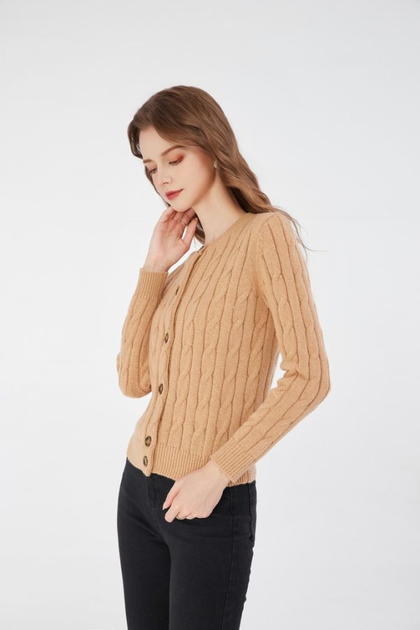 Women's Crewneck Cardigan Sweater Fall Winter Casual Vintage Cable Long Sleeve Knit Cardigan - 图片 2