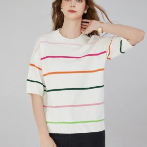 High Quality Women's Striped Half Sleeve Drop Shoulder Sweater Rainbow Striped Round Neck Ribbed Cuffs Knitwear Pullover Top