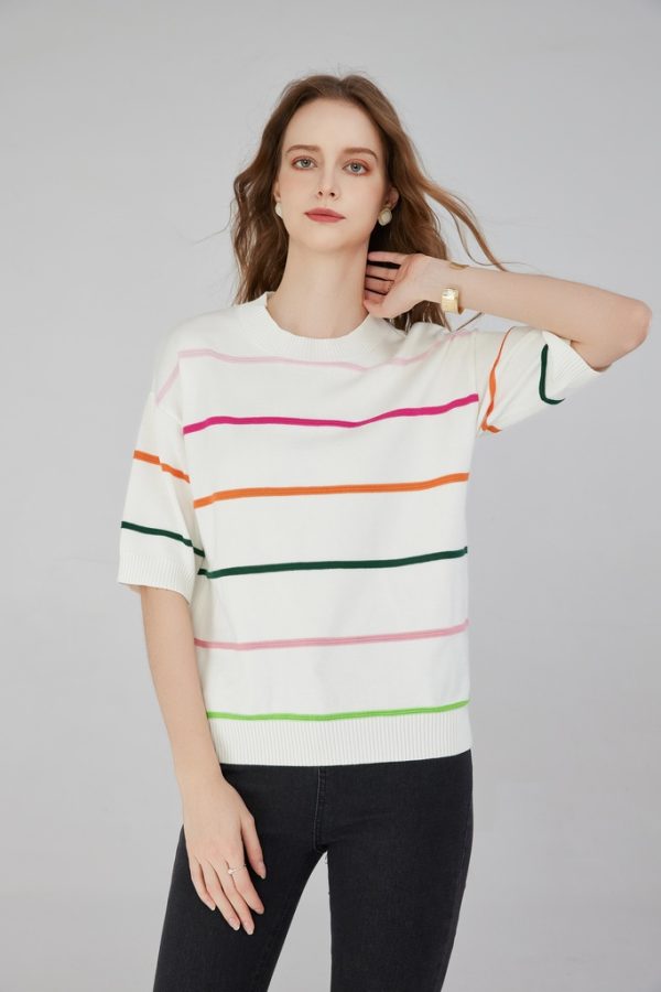 High Quality Women's Striped Half Sleeve Drop Shoulder Sweater Rainbow Striped Round Neck Ribbed Cuffs Knitwear Pullover Top