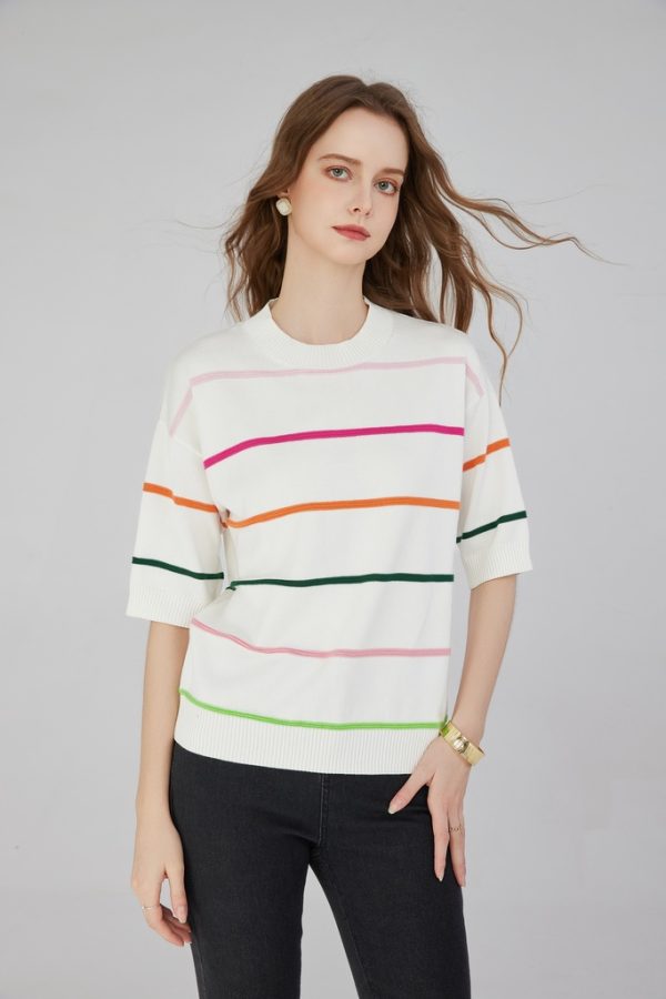 High Quality Women's Striped Half Sleeve Drop Shoulder Sweater Rainbow Striped Round Neck Ribbed Cuffs Knitwear Pullover Top - 图片 3