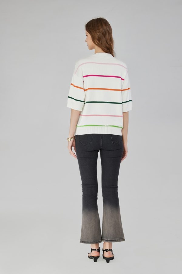 High Quality Women's Striped Half Sleeve Drop Shoulder Sweater Rainbow Striped Round Neck Ribbed Cuffs Knitwear Pullover Top - 图片 4