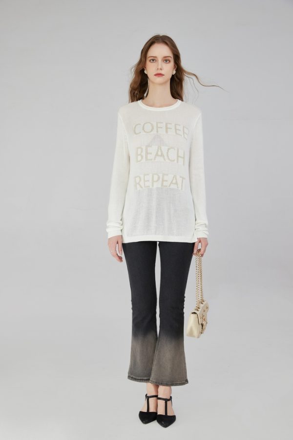 Customized Hot-selling Round Neck Long Sleeve Side Slit Letter Knitted Sweater Slim Fit Light and Breathable Letter Knitwear Top - 图片 3