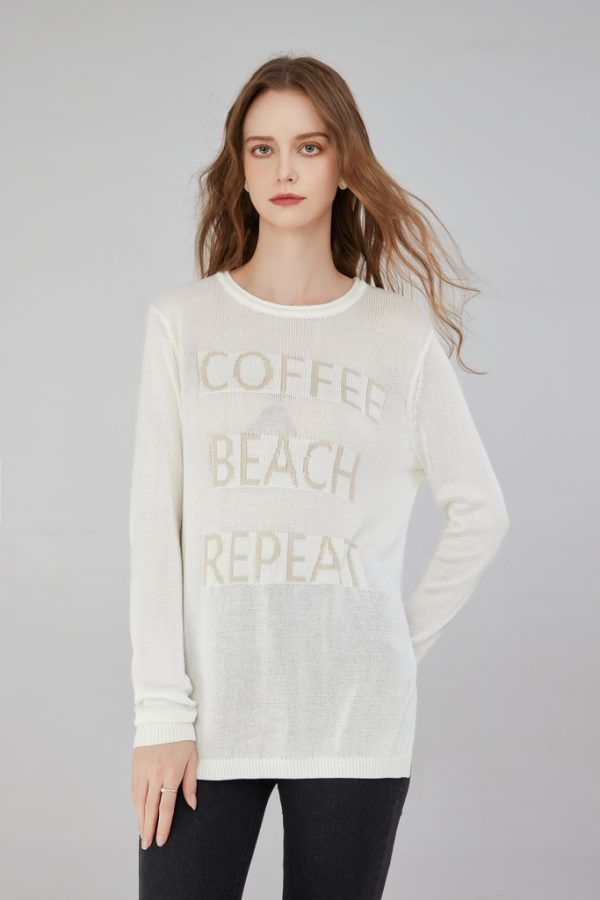 Customized Hot-selling Round Neck Long Sleeve Side Slit Letter Knitted Sweater Slim Fit Light and Breathable Letter Knitwear Top