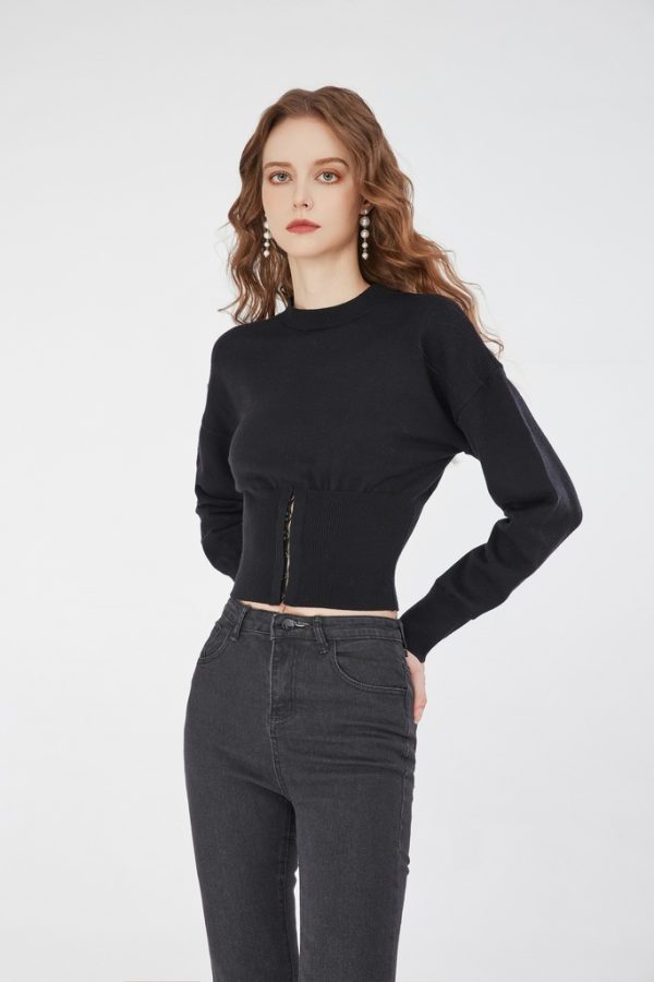 Wholesale Women's Long Sleeve Round Neck Knit Top Knitwear with Hook and Eye Corset Waist Custom Y2K Style Cropped Pullover Top - 图片 3
