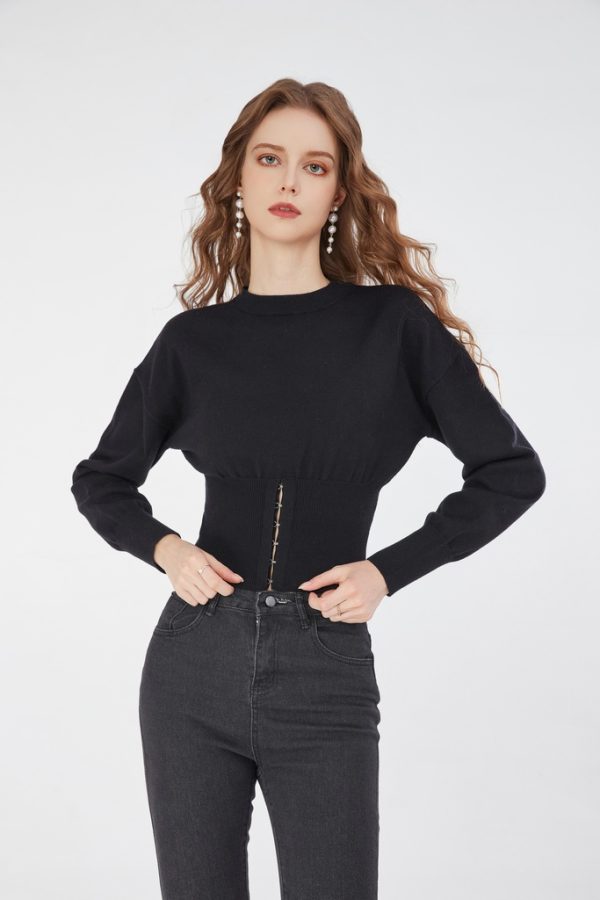 Wholesale Women's Long Sleeve Round Neck Knit Top Knitwear with Hook and Eye Corset Waist Custom Y2K Style Cropped Pullover Top
