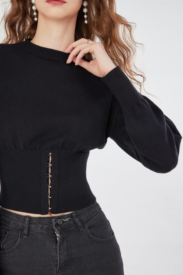Wholesale Women's Long Sleeve Round Neck Knit Top Knitwear with Hook and Eye Corset Waist Custom Y2K Style Cropped Pullover Top - 图片 2