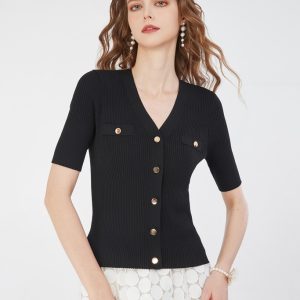 Wholesale Custom Women's V-Neck Ribbed Knit Cardigan Short Sleeve Slim Fit Top with Gold Buttons
