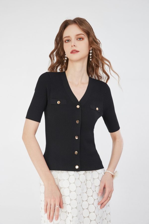 Wholesale Custom Women's V-Neck Ribbed Knit Cardigan Short Sleeve Slim Fit Top with Gold Buttons