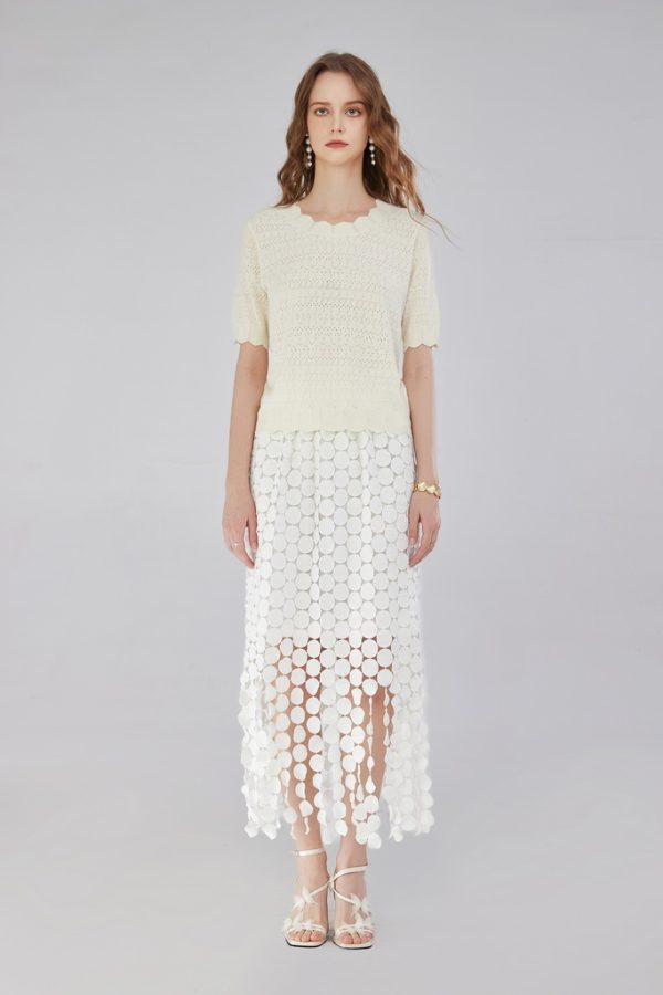 Knit Mix Lace Trim Ruffled Collar Hollow Out Short Sleeve Regular Fit T-Shirt for Petite Women - 图片 3