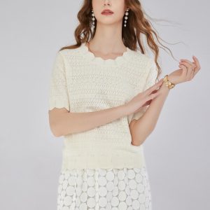 Knit Mix Lace Trim Ruffled Collar Hollow Out Short Sleeve Regular Fit T-Shirt for Petite Women