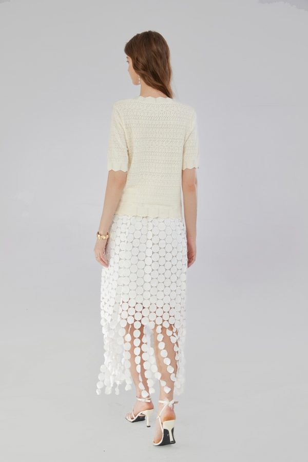 Knit Mix Lace Trim Ruffled Collar Hollow Out Short Sleeve Regular Fit T-Shirt for Petite Women - 图片 4