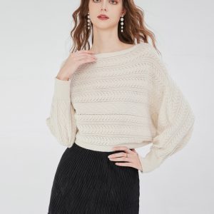Boat Neck Batwing Sleeve Crop Sweater in White Hollow Drop Shoulder Knitwear for Women