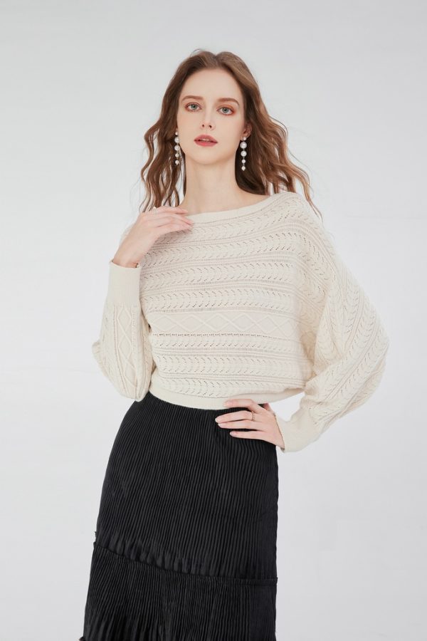 Boat Neck Batwing Sleeve Crop Sweater in White Hollow Drop Shoulder Knitwear for Women