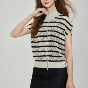 Custom Luxury Quality Sleeveless Drop Shoulder Vest Sweater Sequin Stripe Hollow Stand Collar Casual Knit Cardigan Double Zipper