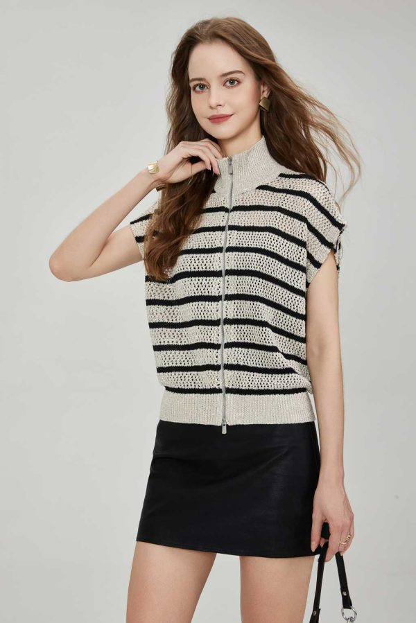 Custom Luxury Quality Sleeveless Drop Shoulder Vest Sweater Sequin Stripe Hollow Stand Collar Casual Knit Cardigan Double Zipper