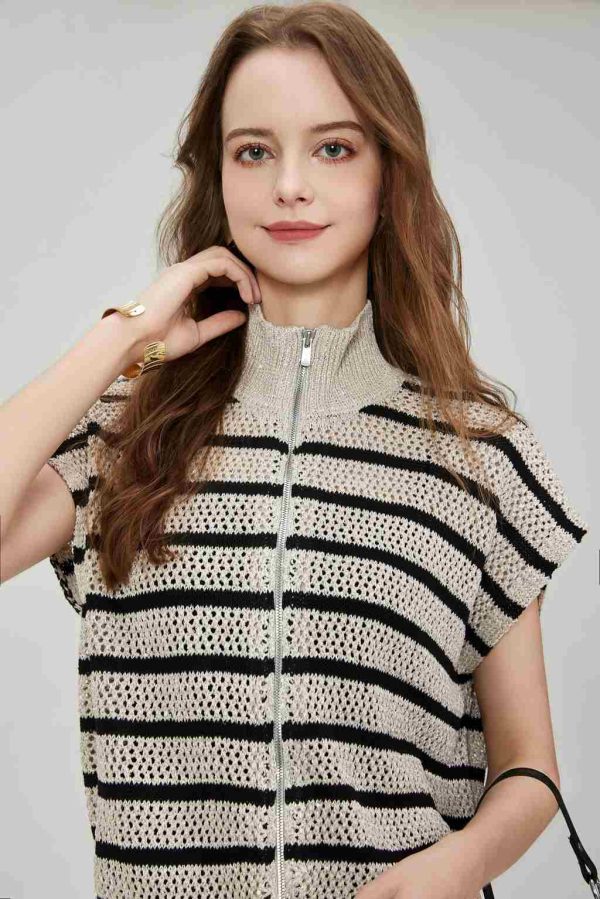 Custom Luxury Quality Sleeveless Drop Shoulder Vest Sweater Sequin Stripe Hollow Stand Collar Casual Knit Cardigan Double Zipper - 图片 2