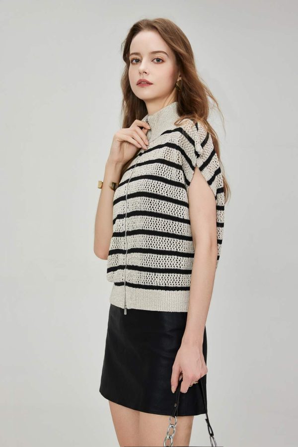 Custom Luxury Quality Sleeveless Drop Shoulder Vest Sweater Sequin Stripe Hollow Stand Collar Casual Knit Cardigan Double Zipper - 图片 3