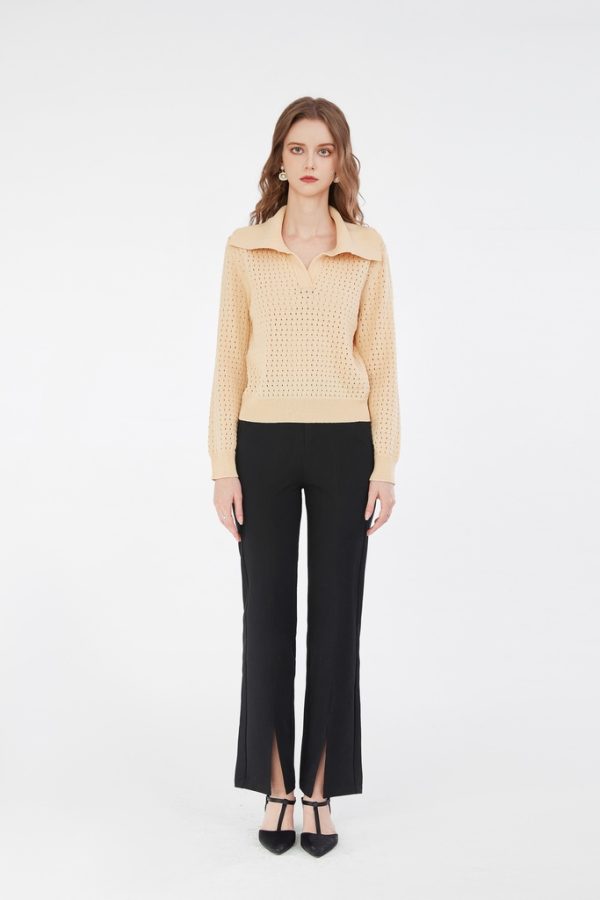 Knitwear Factory OEM Relaxed Fit Polo Collar Sweater Women's Breathable Hollow-Out Knit Top in Apricot - 图片 3