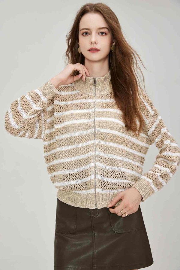 High Quality Women's Casual Long Sleeve Cardigan Hollow Mesh Zip Design Dazzling Striped Knitwear Loose Fit Shoulder Sweater