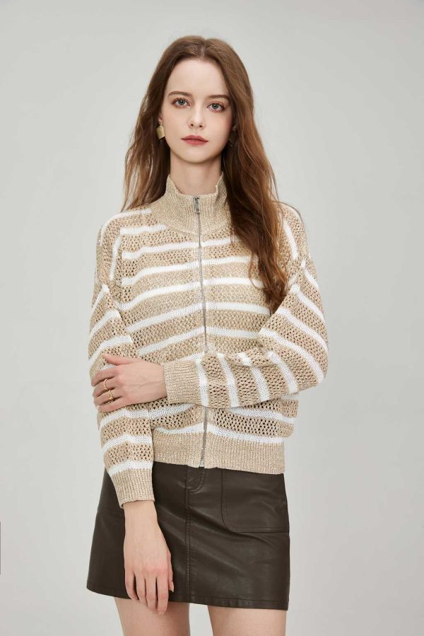 High Quality Women's Casual Long Sleeve Cardigan Hollow Mesh Zip Design Dazzling Striped Knitwear Loose Fit Shoulder Sweater - 图片 2