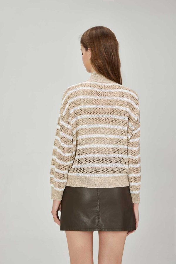 High Quality Women's Casual Long Sleeve Cardigan Hollow Mesh Zip Design Dazzling Striped Knitwear Loose Fit Shoulder Sweater - 图片 4