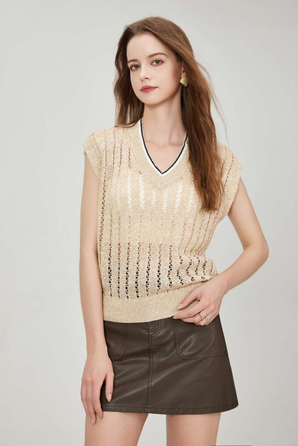 Custom Luxury Quality Dazzling Two-tone Striped Ribbed Edge Hollow Knit Sweater Women's Sequined Tulle V-neck Mesh Vest T-shirt - 图片 3