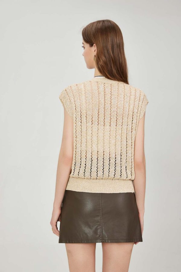 Custom Luxury Quality Dazzling Two-tone Striped Ribbed Edge Hollow Knit Sweater Women's Sequined Tulle V-neck Mesh Vest T-shirt - 图片 4