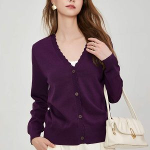 Custom Women's Casual Long Sleeve V-Neck Button-Down Knitted Cardigan Polyester Blend Ribbed Tape Top Sweater Button Decoration