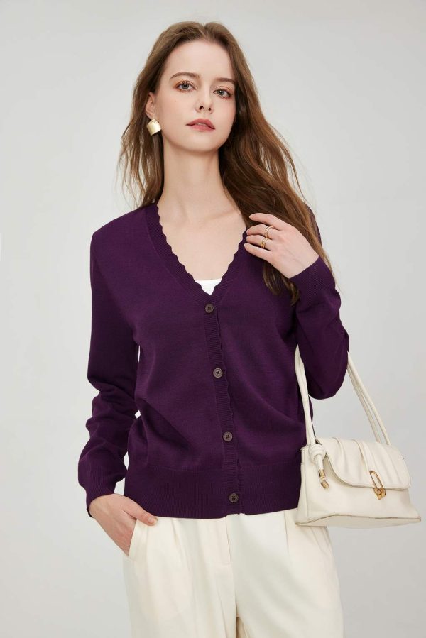 Custom Women's Casual Long Sleeve V-Neck Button-Down Knitted Cardigan Polyester Blend Ribbed Tape Top Sweater Button Decoration