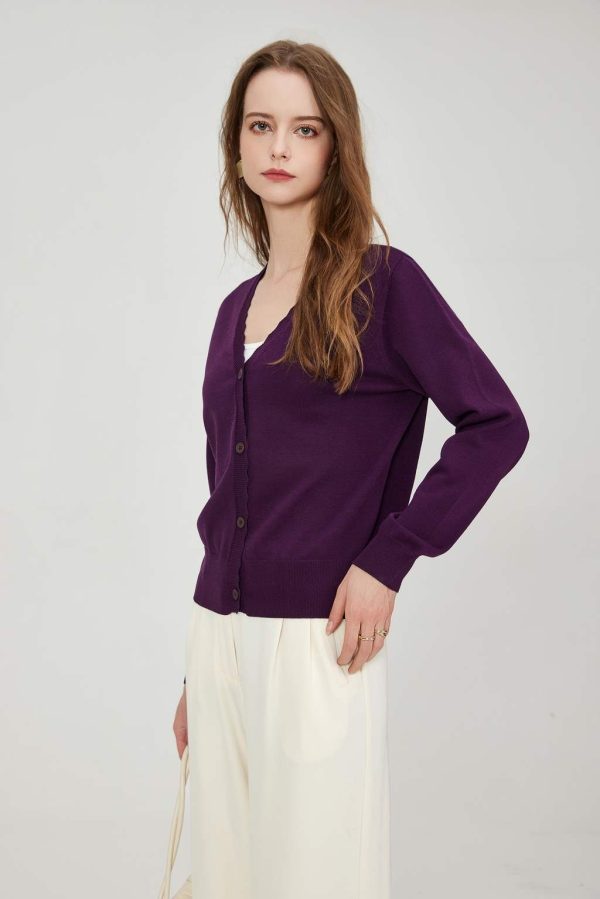 Custom Women's Casual Long Sleeve V-Neck Button-Down Knitted Cardigan Polyester Blend Ribbed Tape Top Sweater Button Decoration - 图片 3