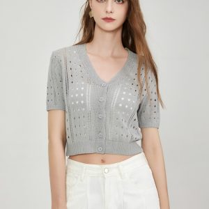 Customized Women's V-Neck Button Short-Sleeved Knit Top Sweater Cardigan Jacket Hollowed-Out Cropped Design