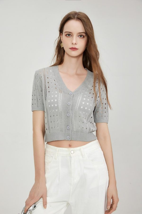 Customized Women's V-Neck Button Short-Sleeved Knit Top Sweater Cardigan Jacket Hollowed-Out Cropped Design