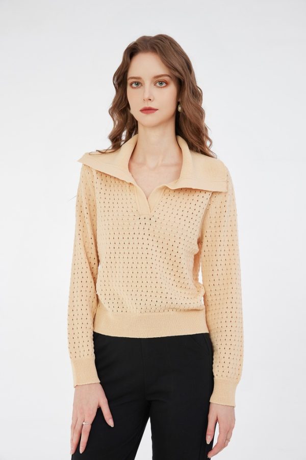 Knitwear Factory OEM Relaxed Fit Polo Collar Sweater Women's Breathable Hollow-Out Knit Top in Apricot - 图片 2