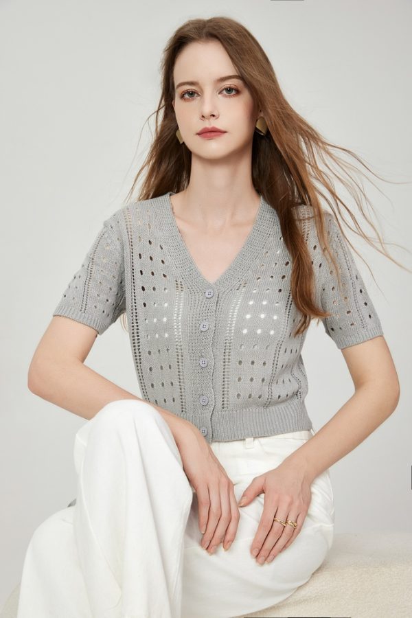 Customized Women's V-Neck Button Short-Sleeved Knit Top Sweater Cardigan Jacket Hollowed-Out Cropped Design - 图片 2
