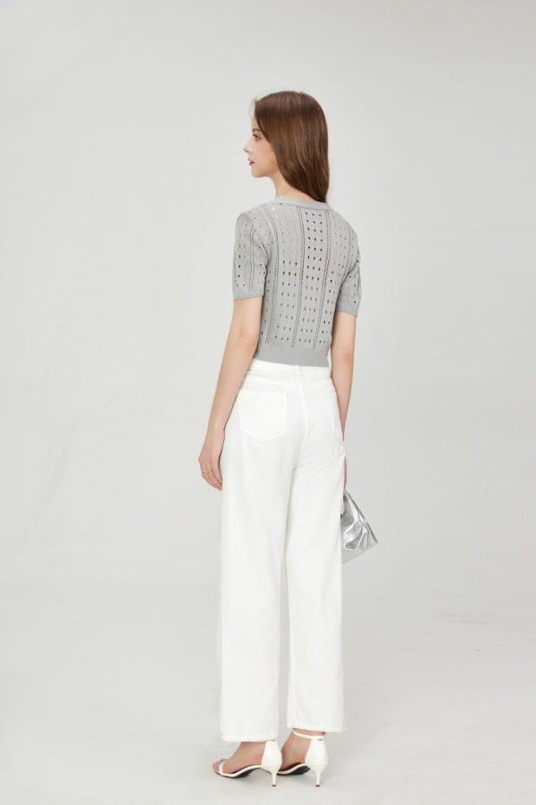 Customized Women's V-Neck Button Short-Sleeved Knit Top Sweater Cardigan Jacket Hollowed-Out Cropped Design - 图片 4