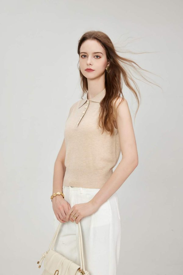 Custom Summer Women's Fashion Sleeveless Notch-Neck Top Temperament Knitted Shirt Slim Fit Knitwear - 图片 3