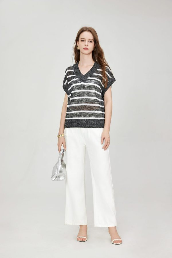 OEM Women's Casual Dazzling Sequined Yarn Top Two-Tone Striped Knit Drop Shoulder Breathable Mesh Blouse Ribbed Hem Knitwear - 图片 3