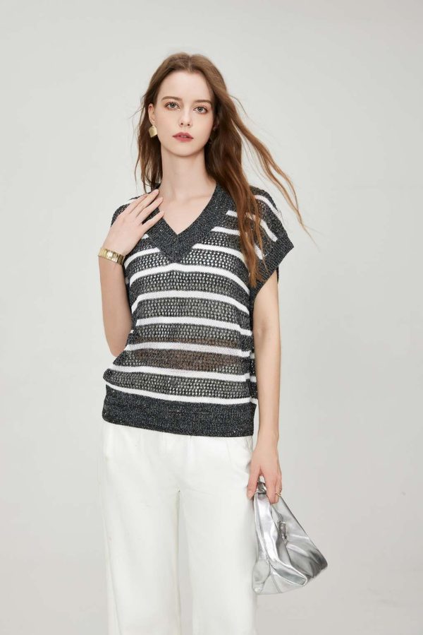 OEM Women's Casual Dazzling Sequined Yarn Top Two-Tone Striped Knit Drop Shoulder Breathable Mesh Blouse Ribbed Hem Knitwear - 图片 2