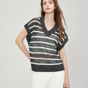 OEM Women's Casual Dazzling Sequined Yarn Top Two-Tone Striped Knit Drop Shoulder Breathable Mesh Blouse Ribbed Hem Knitwear