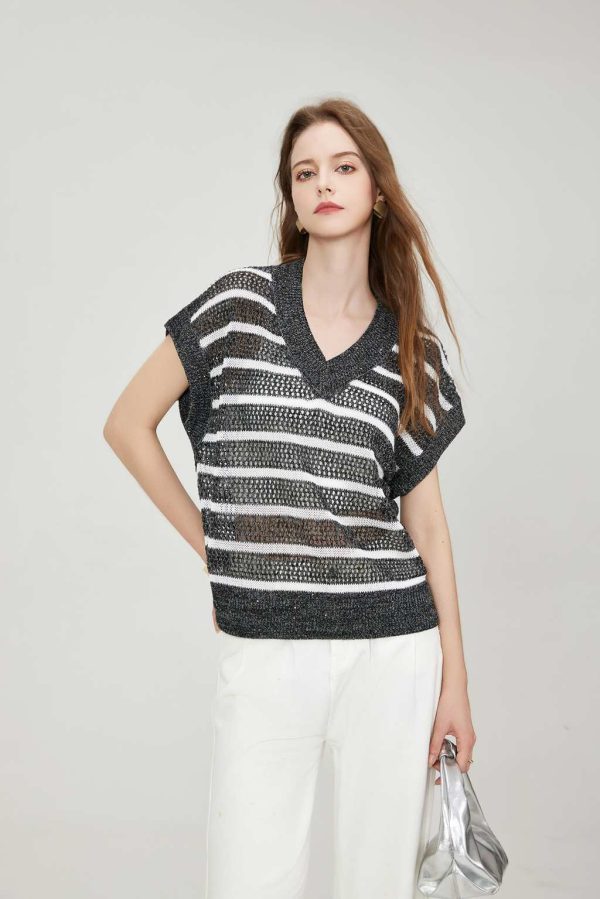 OEM Women's Casual Dazzling Sequined Yarn Top Two-Tone Striped Knit Drop Shoulder Breathable Mesh Blouse Ribbed Hem Knitwear