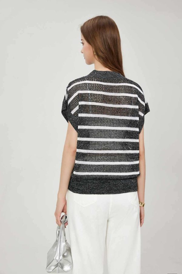 OEM Women's Casual Dazzling Sequined Yarn Top Two-Tone Striped Knit Drop Shoulder Breathable Mesh Blouse Ribbed Hem Knitwear - 图片 4