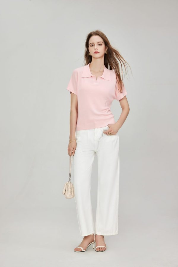 OEM Women's Short Sleeve Knitted Tops Notch Collar Button Collar Rib Knit Pullover Slim Fit Cropped Blouse Shirt - 图片 3