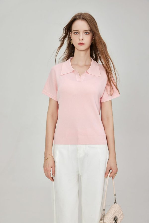 OEM Women's Short Sleeve Knitted Tops Notch Collar Button Collar Rib Knit Pullover Slim Fit Cropped Blouse Shirt - 图片 2